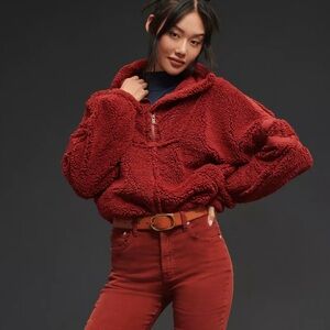 Free People FP Movement Nantucket Fleece Jacket 1/2 Zip XS Red Fuzzy Pullover